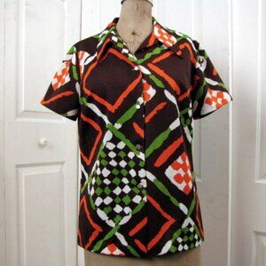 Vintage 70s Bold Geometric Shirt Medium Stockton Polyester Knit Short Sleeves